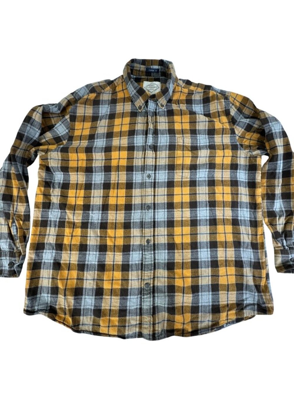 St. Johns Bay Mens XXL Yellow Brown Plaid Flannel Shirt Classic Fit Cottage